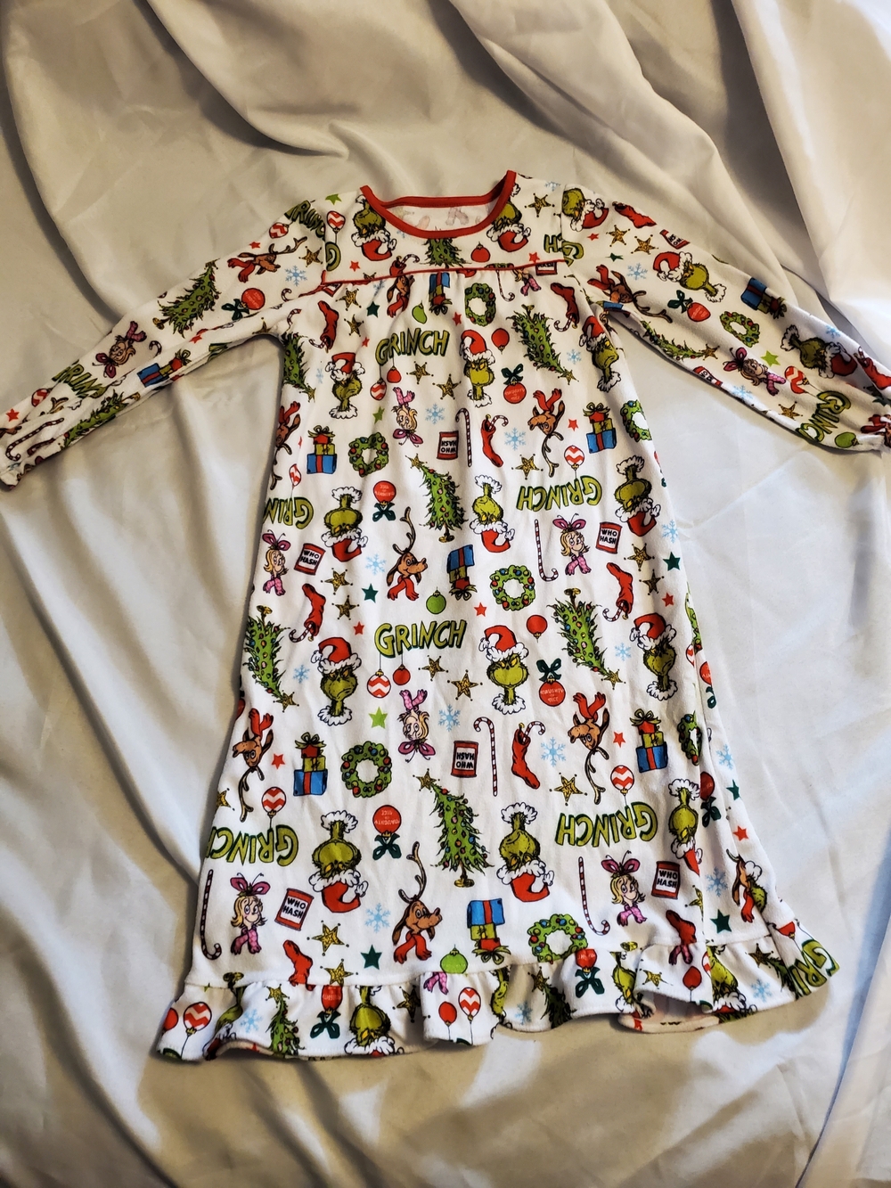 Girls' Grinch Print Long Sleeve Nightgown - White with Red Trim, Size 6